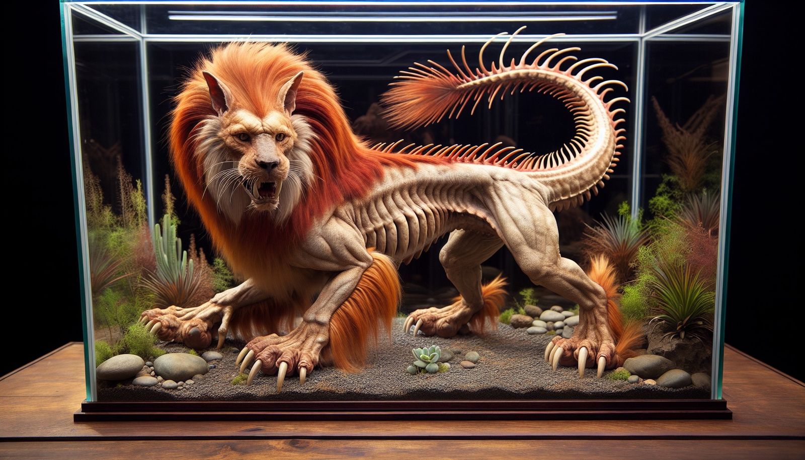 Taxidermized Manticore in display case