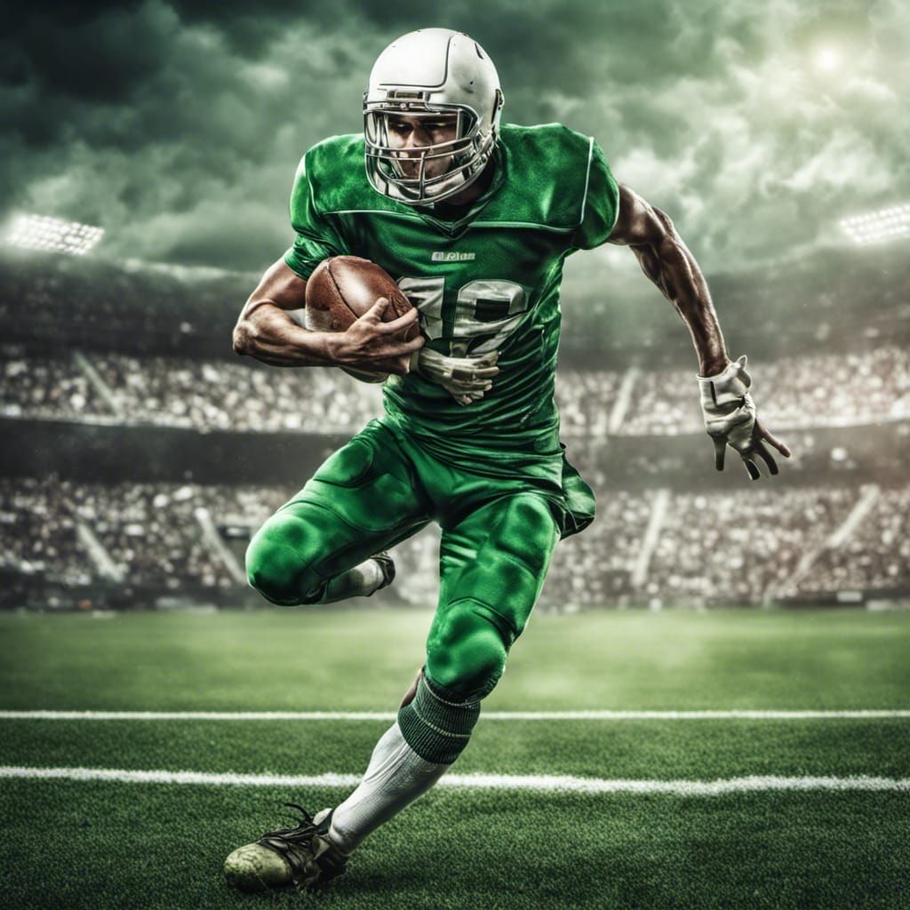 football player with green and wihte is kiking to the ball - AI ...