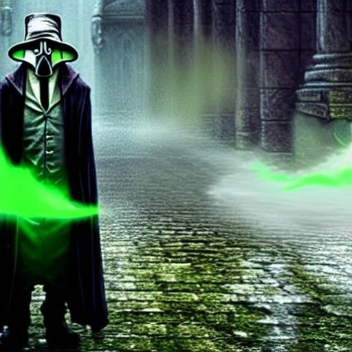 A plague doctor stands with green mist flowing around him.