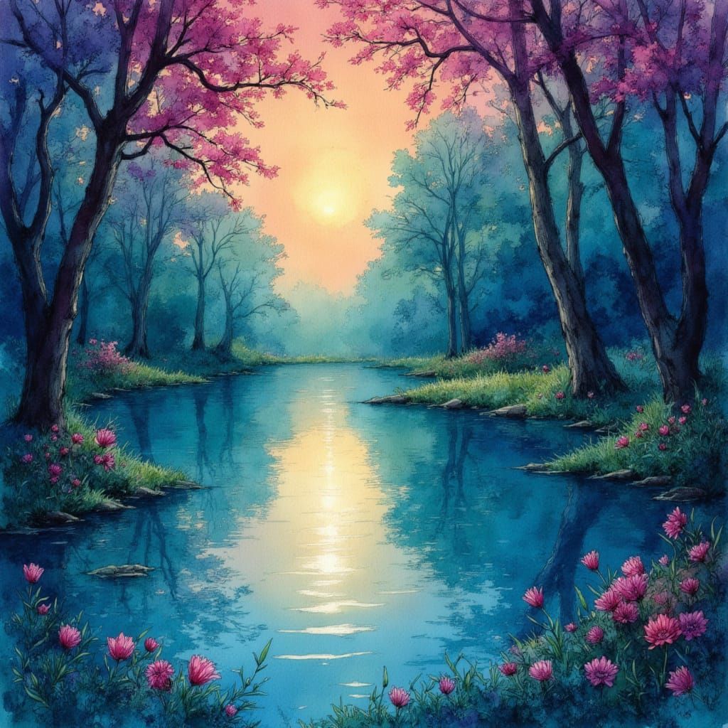 Lake glade in ethereal forest, shimmering waters, dreamy, beautiful, shadows, flowers, sunset, fading reddish sky, translucent, florescent l...