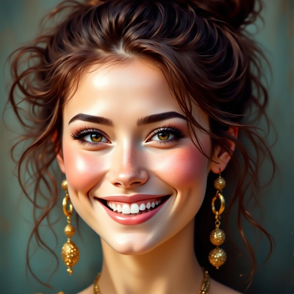 close up, woman, smile, brown, messy hair in a bun, accessories, gold and black <lora:Smile:1.0> 