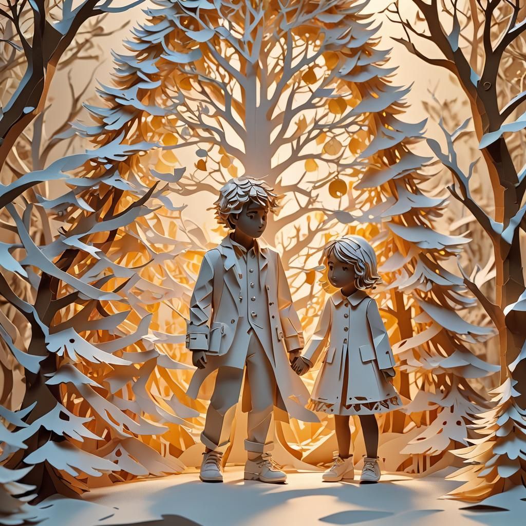 A boy and a girl under a christmas tree depicted in warm golden light of a setting sun with lovey spring ...  by @Joanne Young