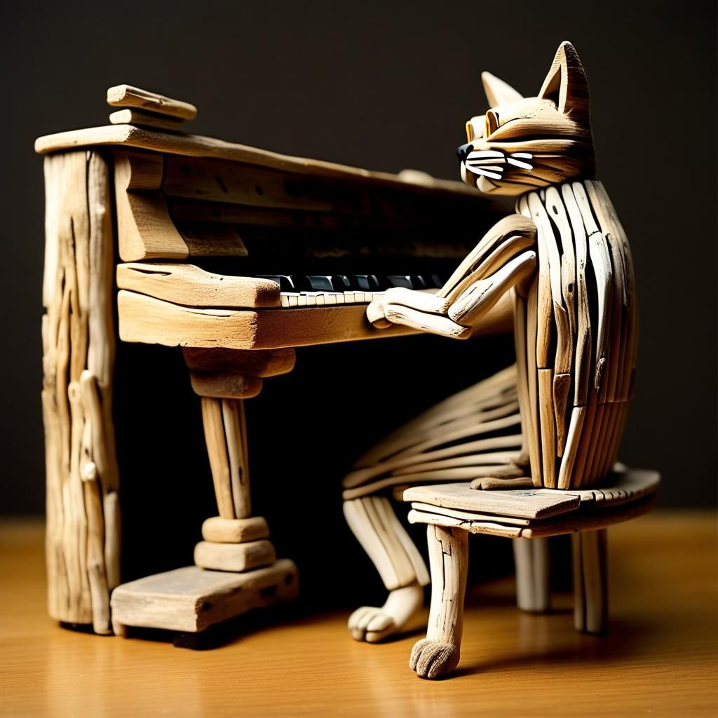 Driftwood cat plays a driftwood piano.