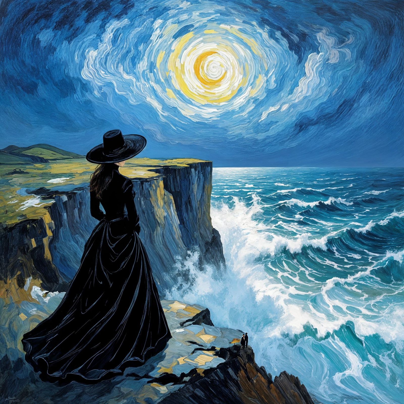 Vibrant, expressive oil painting in the style of Vincent van Gogh. A solitary woman, dressed entirely ...  by @adrian navarro