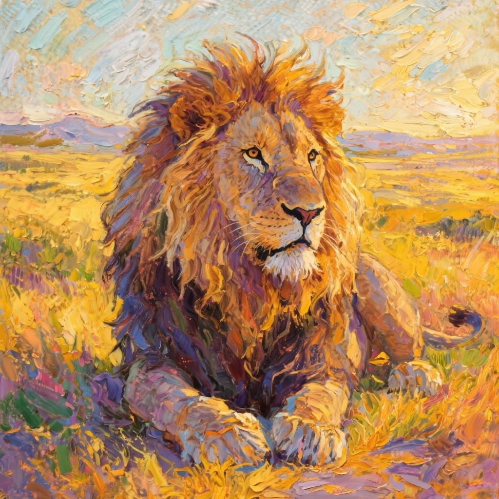 Majestic Lion on Savannah in Impasto Oil Style