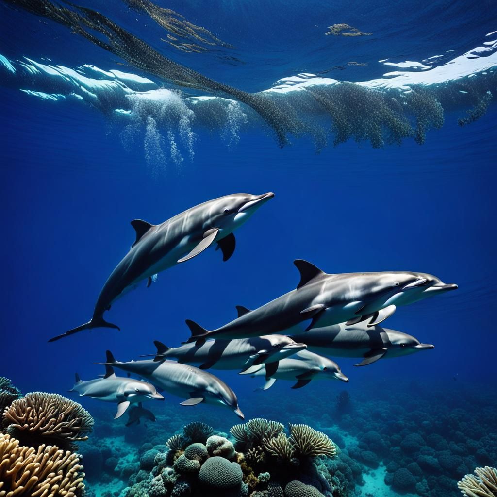 A pod of dolphins authentic swimming in the deep dark clear ...