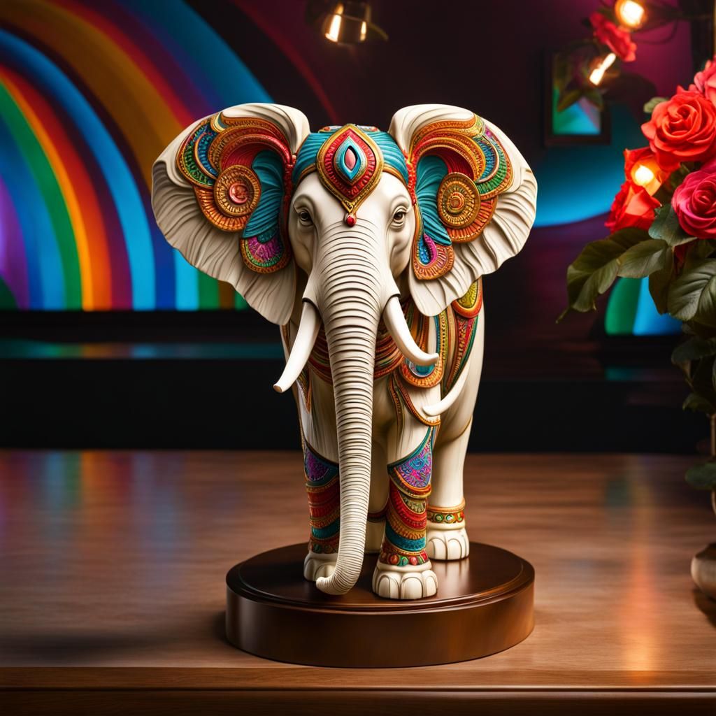 small ivory elephant, statue , trunk faced up ,psychedelic , colorful