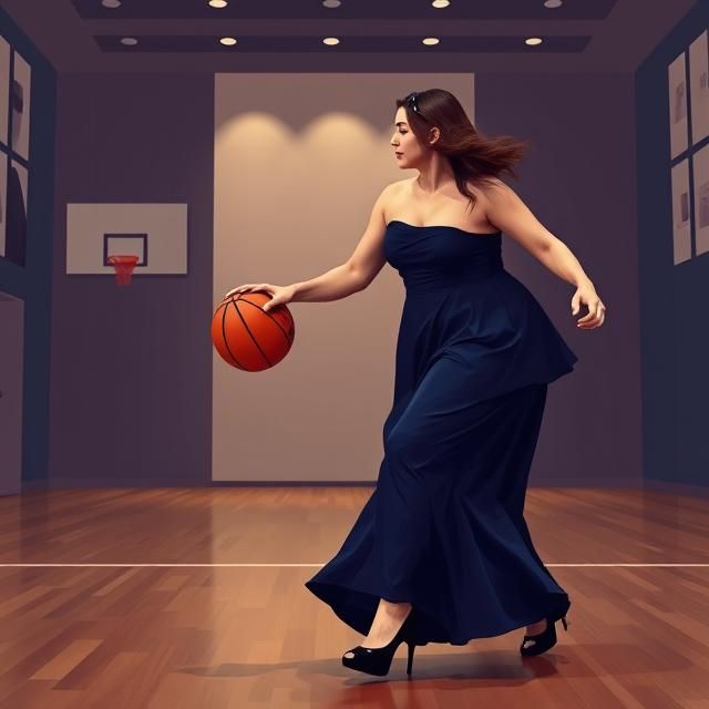 PLUS SIZE WOMAN DRESSED IN A NAVY-BLUE EVENING GOWN AND BLAC...