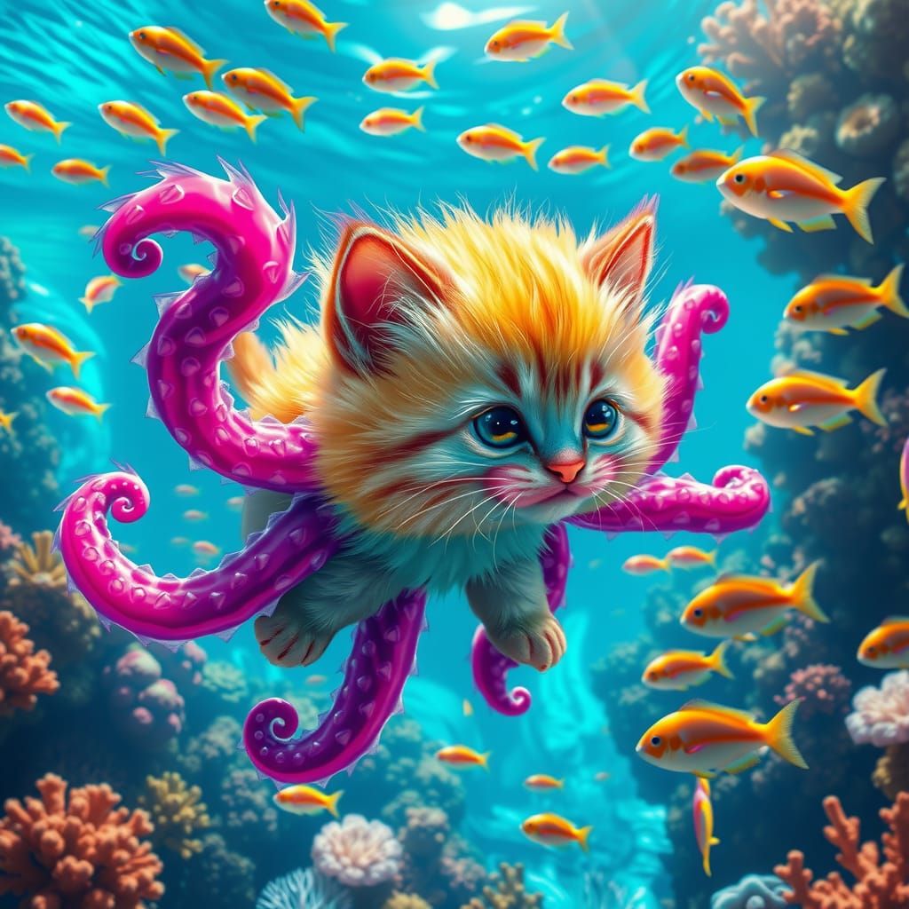 Octopus Puppy, Adorably Cute Octopus Puppy, Octopus Puppy in the Ocean, Octopus Puppy chasing fish in the coral reef, high Definition, high...