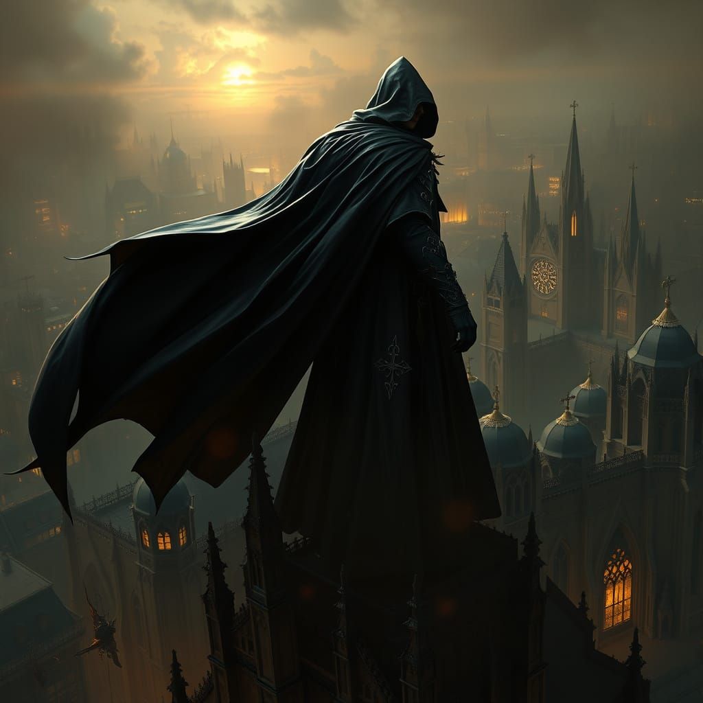 Digital painting. A gothic villain with a shadow manipulation power, stands atop a cathedral in a dark fantasy city. He is wearing a dark cl...