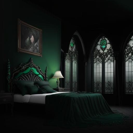 Beautiful Emerald green and black gothic bed& hyperdetailed art nouveau
