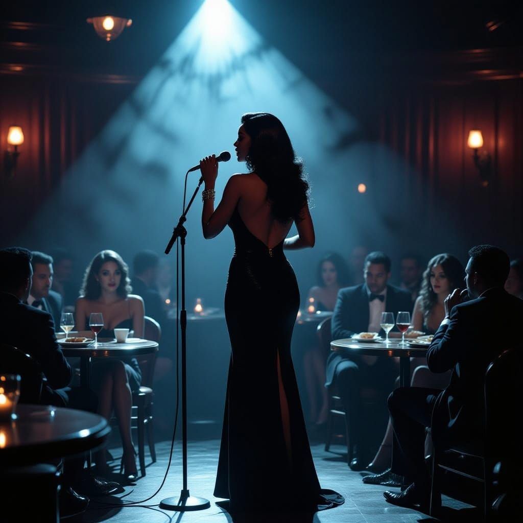 A 1930s noir new Orleans club. lighting is focused on the stage while the audience is dimly lit. A number of tables around a stage that prot...