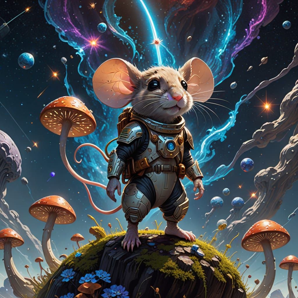 Concept art. A tiny mouse adventurer wearing a miniature spacesuit, standing on a giant, sharpened pencil that is sprouting crystalline mush...