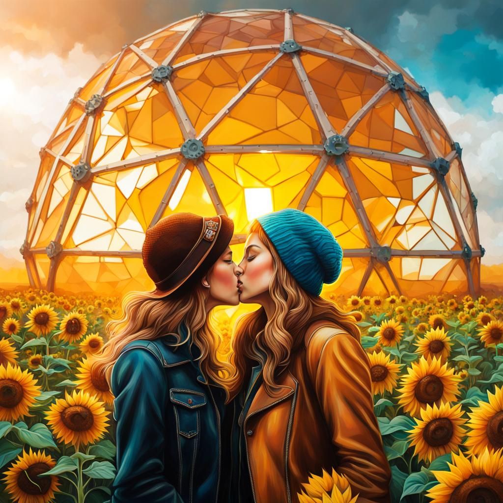 Two woman kissing, sunflowers field in a geodesic dome