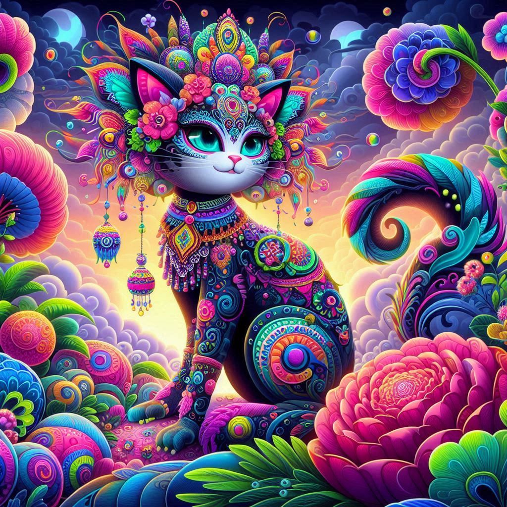 A whimsical goth Quetzalcoatl cat woman adorned with intricate, colorful details, presented in a vibrant cutecore aesthetic. The scene is ri...