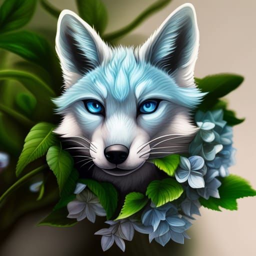  Blue fox animal in hydrangea flowers