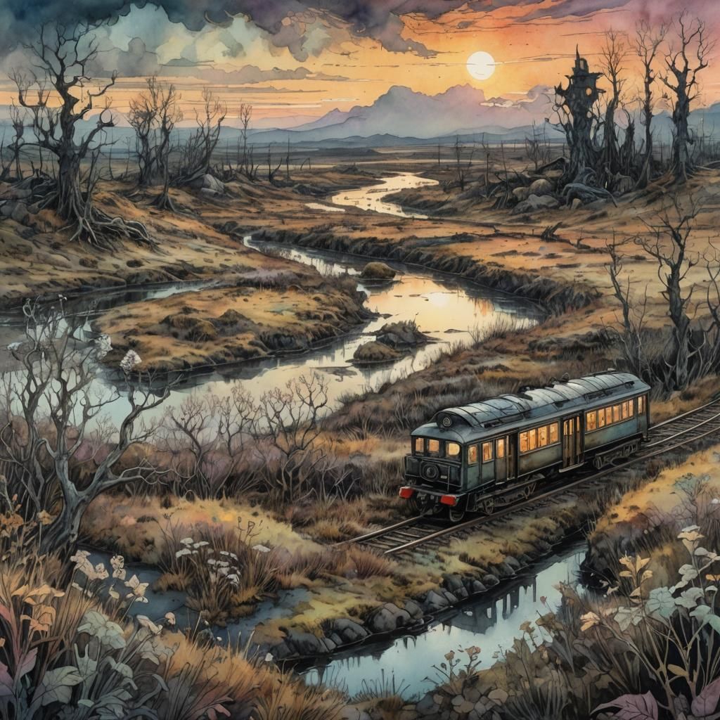 watercolor line drawing of a Landscape a train traveling thr...