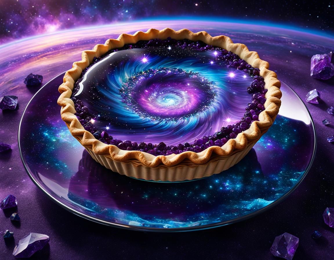a gorgeous glass pie slice with the purple galaxy inside, planets and stars inside it, crystals, amethysts, ...  by @Summerchild