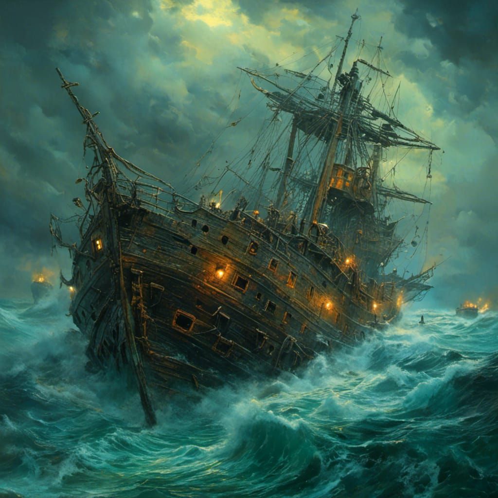 <lora:MJ6 Dark Fantasy:1.0> A A haunted shipwreck surrounded by eerie mist, hyperrealistic, photorealistic, insane clarity and detail, the...