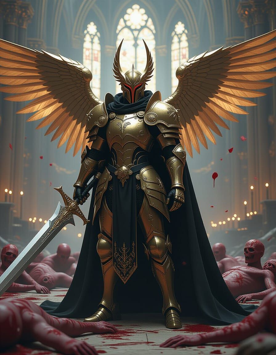 a full body portrait of a Cyborg Paladin from which a sacred aura emanates with a black sacred robe wearing a gold armor and a winged helmet...
