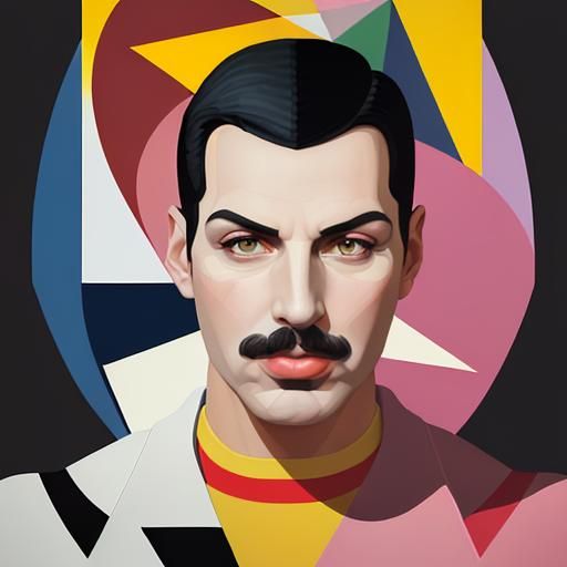 Freddie Mercury portrait. Cubism, Pablo Picasso drawing pain...