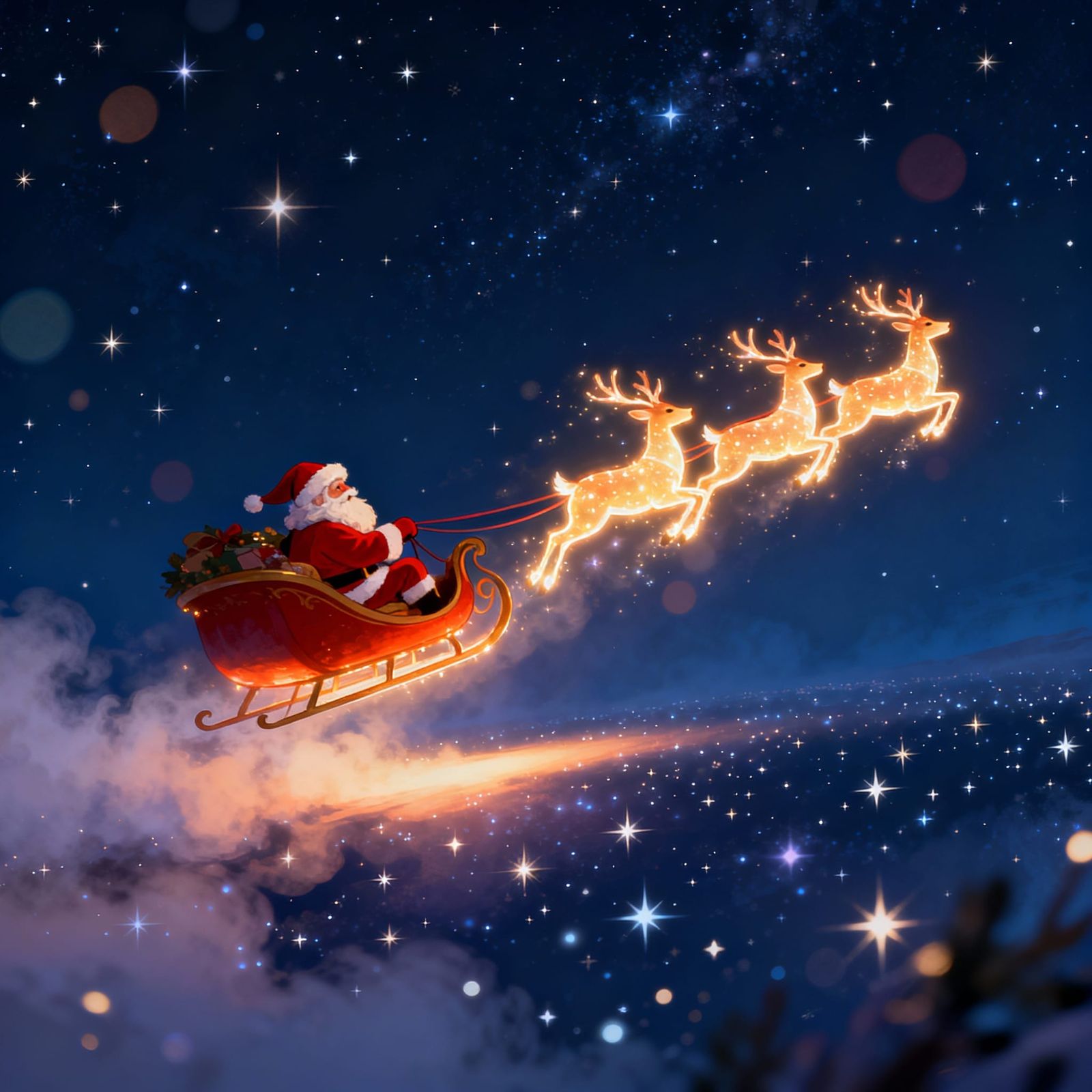 Father Christmas in his sleigh in the night sky. The sleigh is glowing and the reindeers pulling the ...  by @Al_in_Tanzania