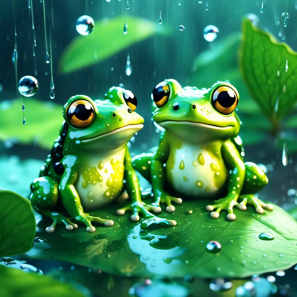 A real frog looking at a toy frog outside in the rain around it leaves  by @Kitty