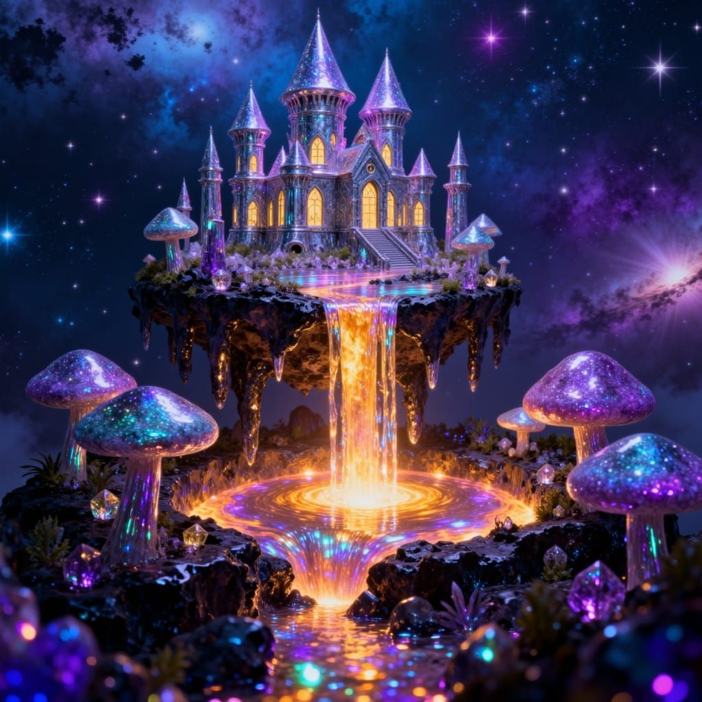 A surreal, hyperdetailed digital illustration of a molten bismuth castle hovering on a floating island above a glossy black surface. From it...