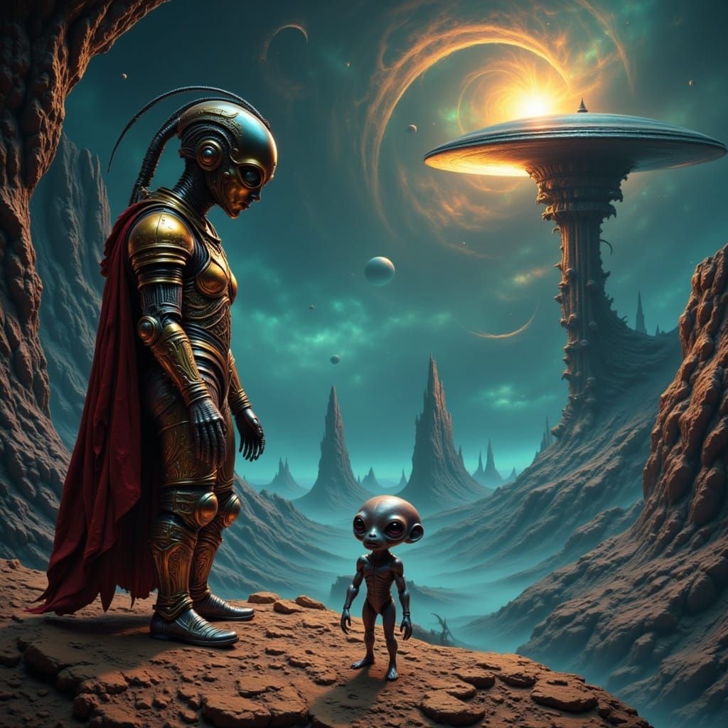 A medieval knight meets an alien <lora:Lost in Space:1.0> 