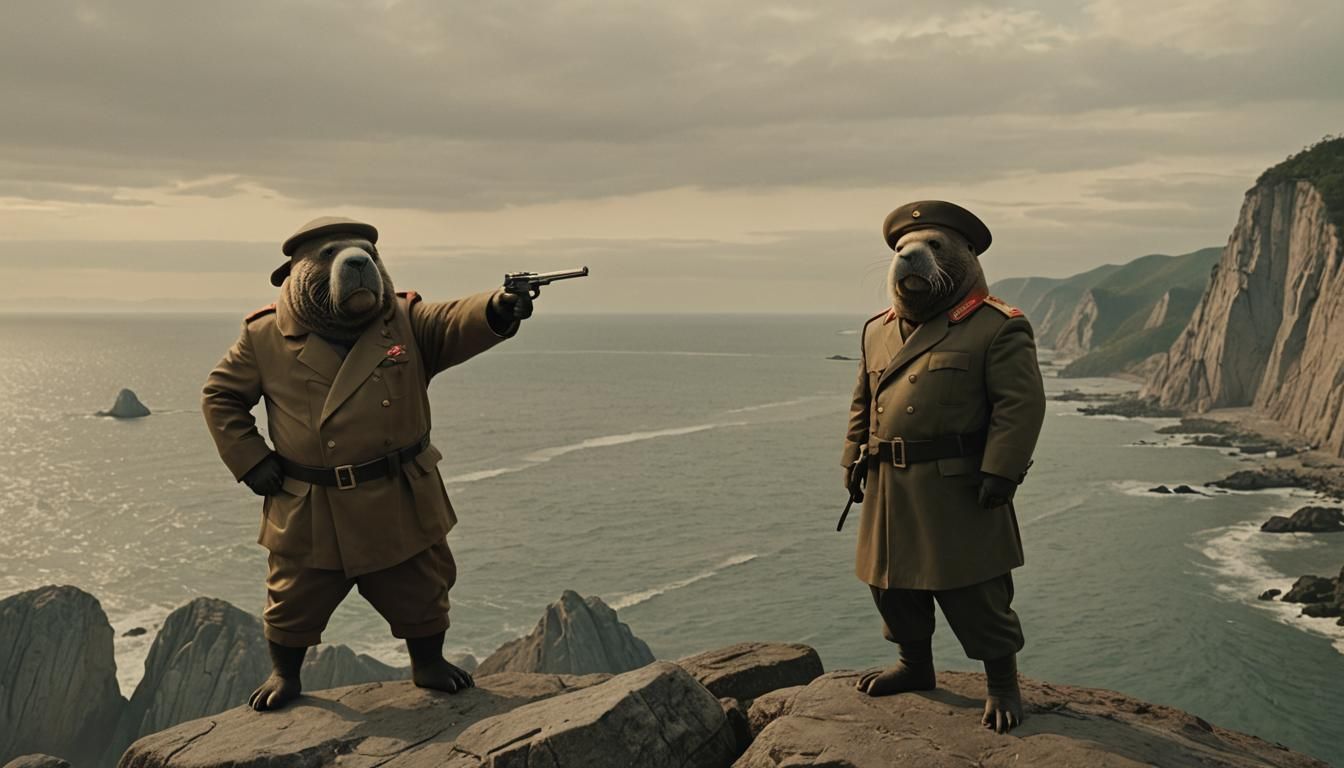 A walrus in a north Korean military outfit with a gun. standing on a cliff over the ocean shooting one man
