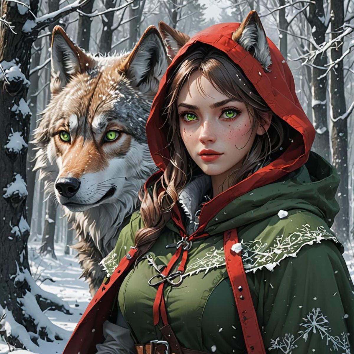 The adult young woman with green eyes, little red riding hood, with a ...