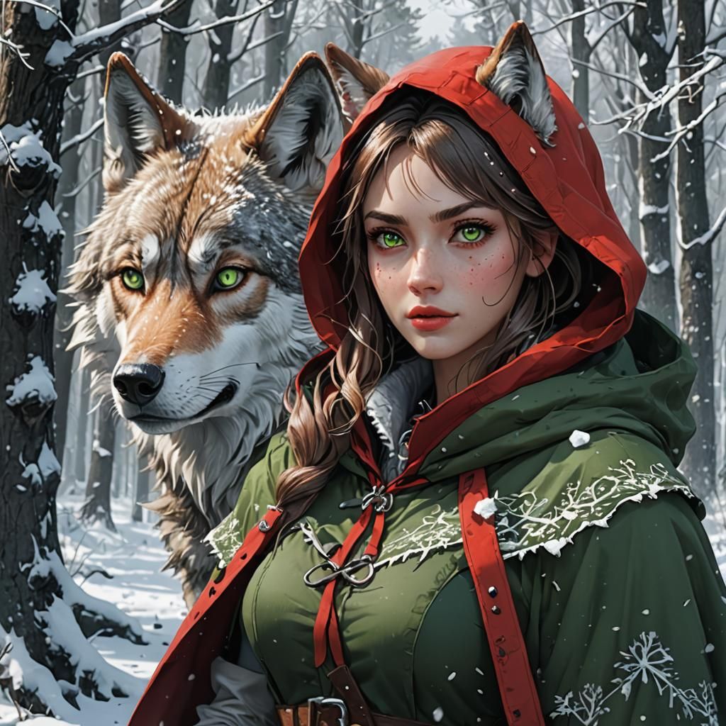 The adult young woman with green eyes, little red riding hood, with a ...