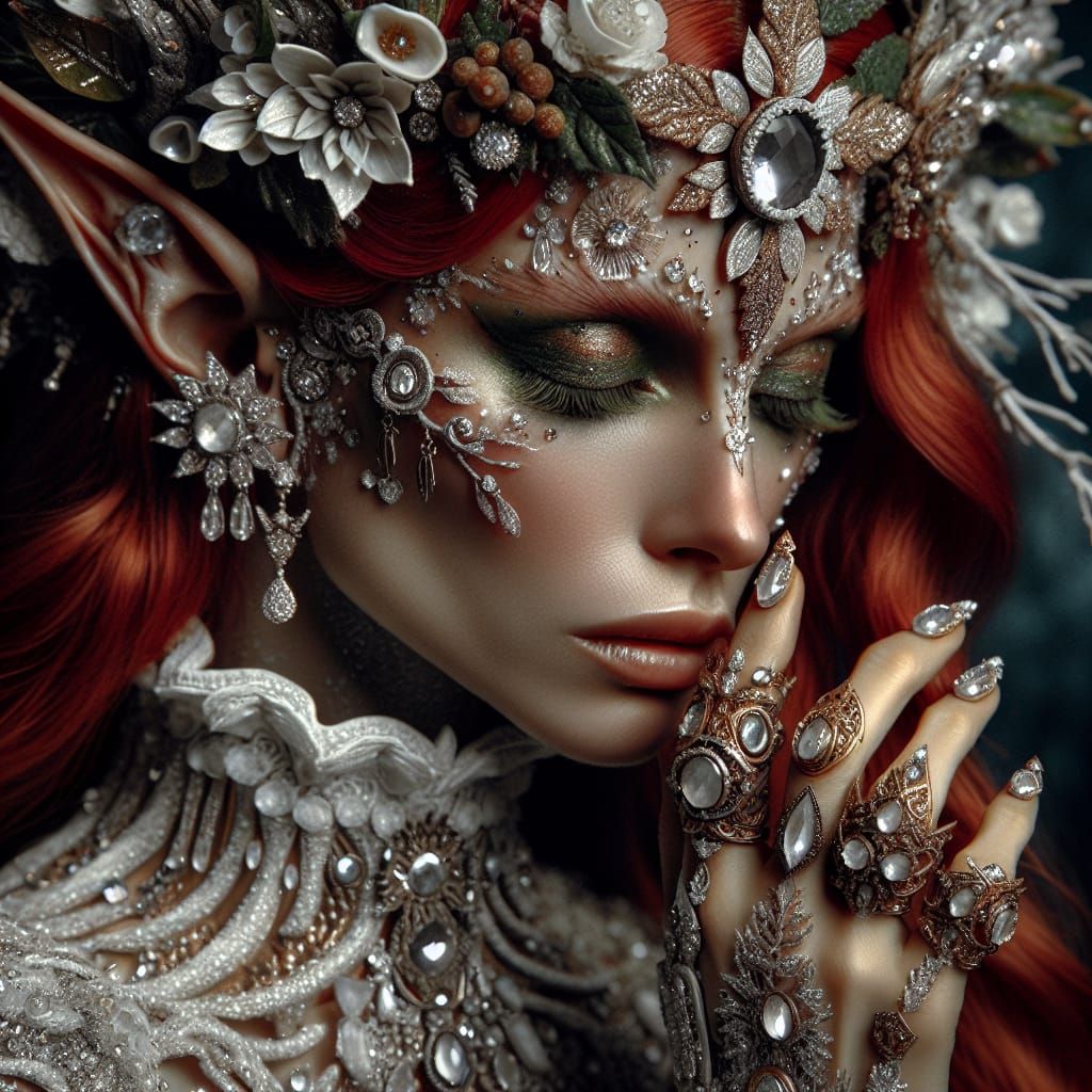 Closeup of a beautiful white she-elf with red hair looking down on her ringed hand. She is wearing intricate nature-insp...