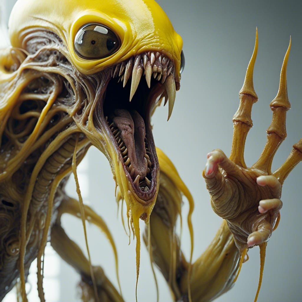 <lora:Creatures:1.0> a translucent yellow alien like creature standing before a white background, two legs, two arms, long teeth, open mouth...