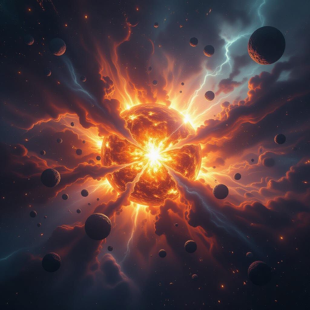 
A cosmic apocalypse in ultra-high resolution — the universe collapsing into itself, exploding suns, shattered galaxies, molten planets torn...