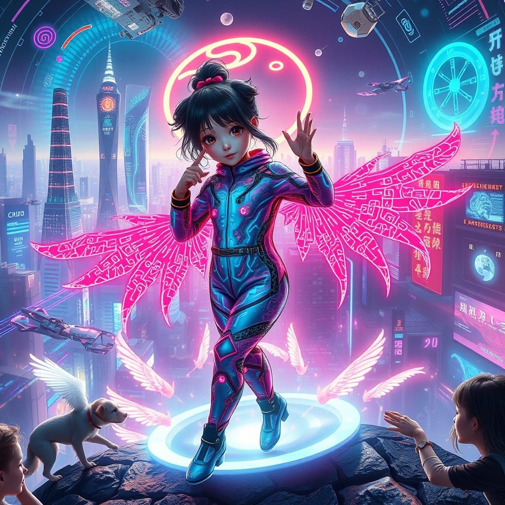 Mesmerizing Cyberpunk Girl Surrounded by Futuristic Motifs