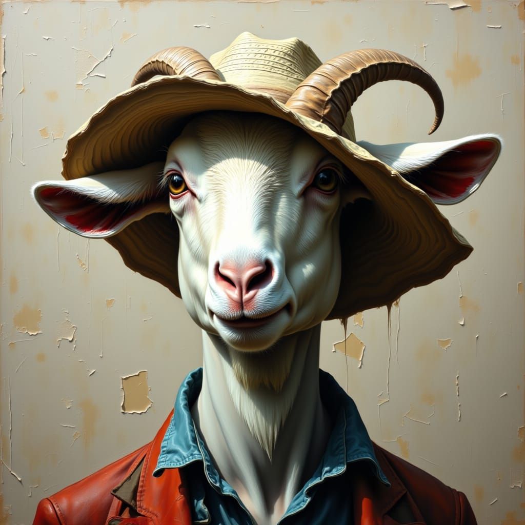 A goat wearing a sunhat in the style of contexture moody. <lora:Contexture Moody:1.0>
