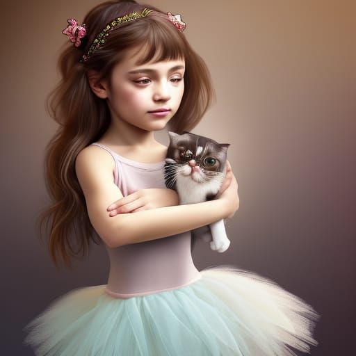 A six year old daughter wearing A cat ballerina dress with a fluffy