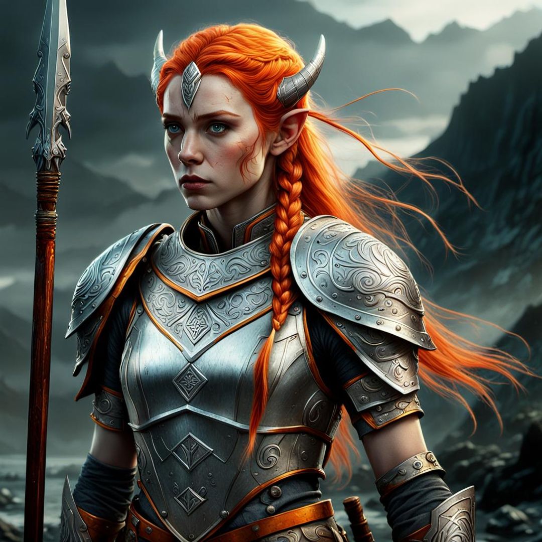 An Orange Haired Female Elf Viking In Silver Armor with A Spear very ...