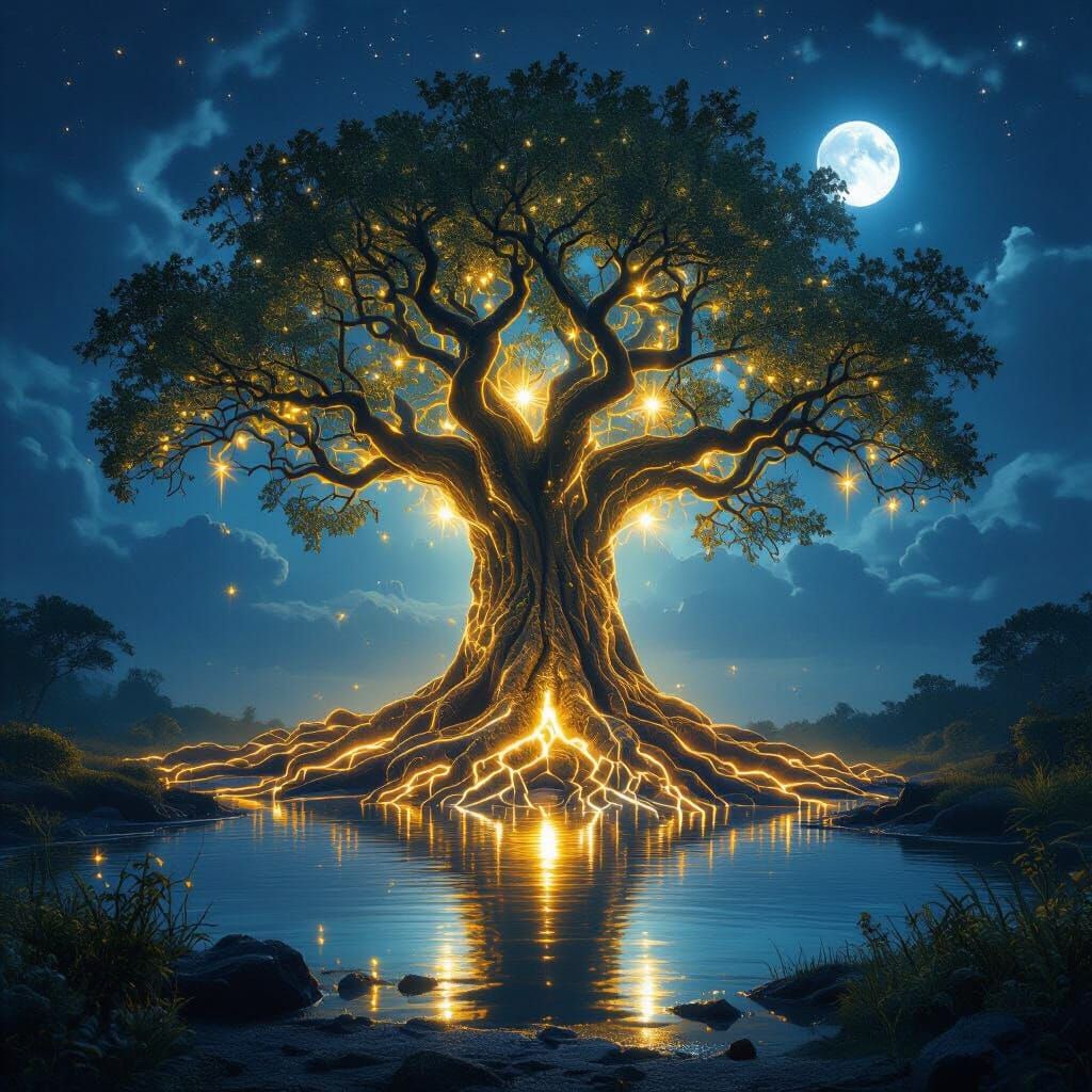The ancient tree of life,huge bioluminescent light roots, moonlight reflection, cinematic lighting, realism 