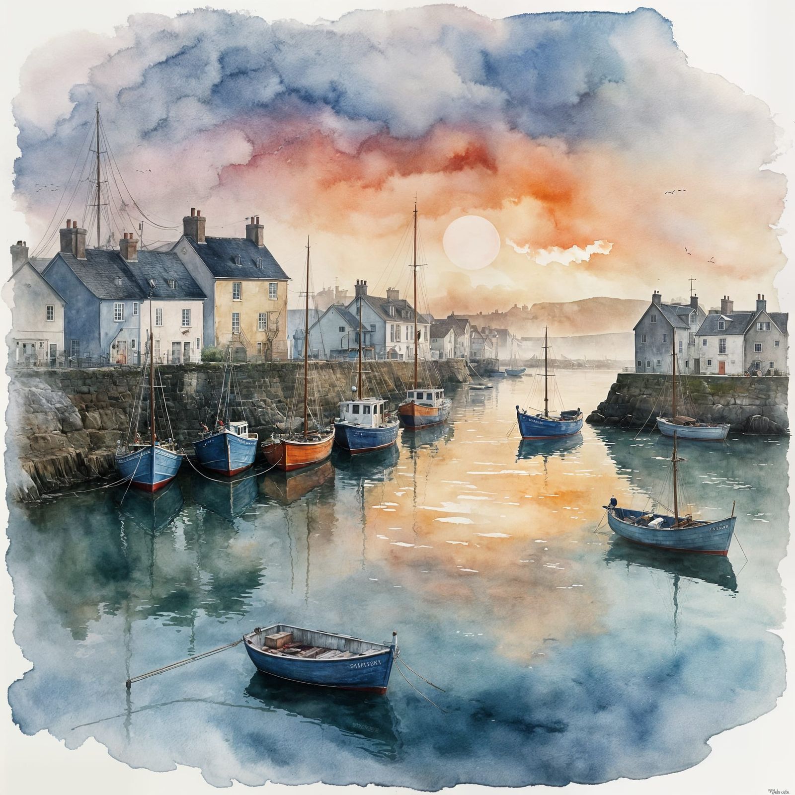 Cornish Harbour at Dawn Watercolor Painting