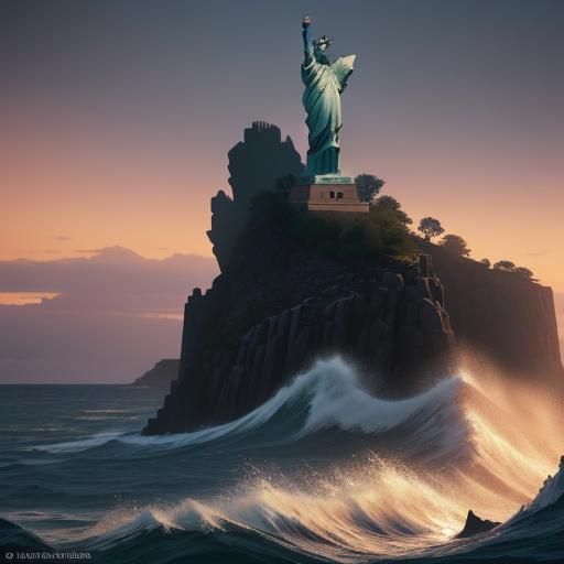 Luxury Car and Liberty Statue at Sunset