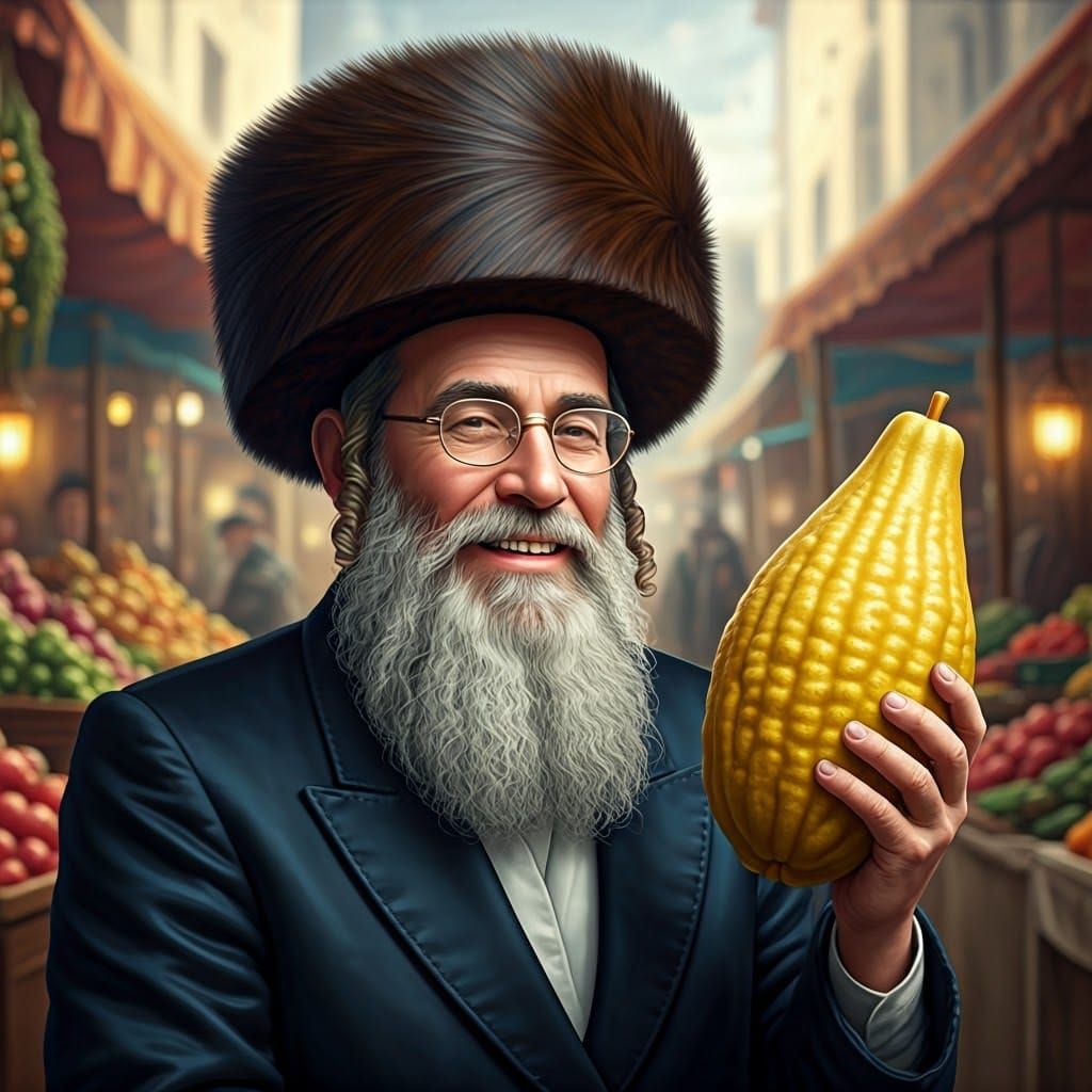 Joyful Hasidic Man with Etrog in Market