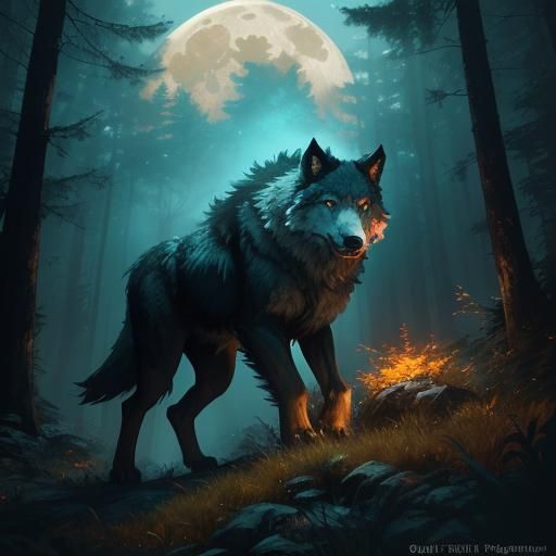 Wolf roaring at night with big full moon on a high ground in the forest ...