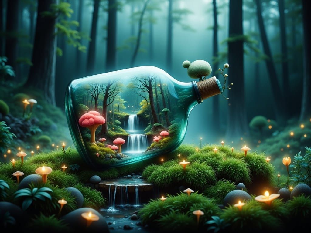 Bioluminescent Forest Trapped in Glass Bottle