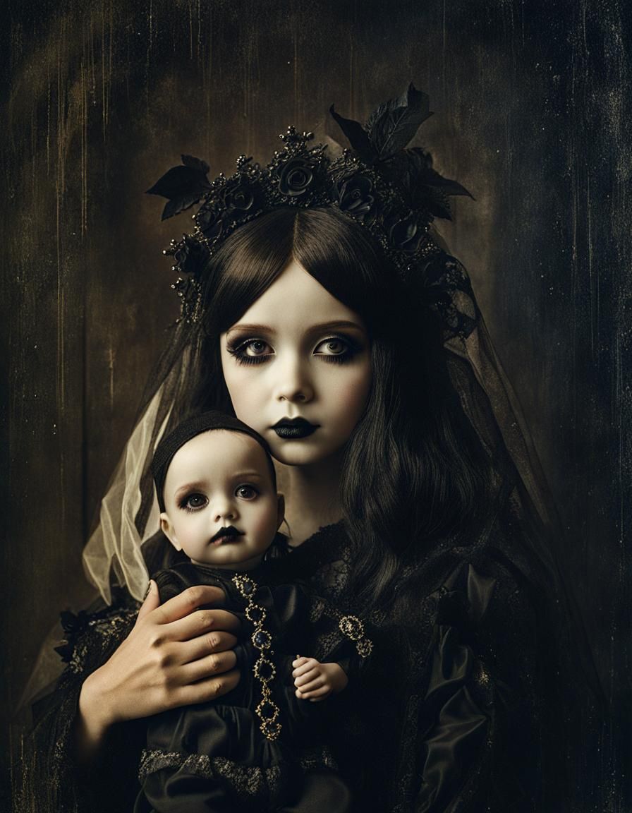 Goth lady holding a doll:: (Gustav Moreau:1.5) :: double exposure ...