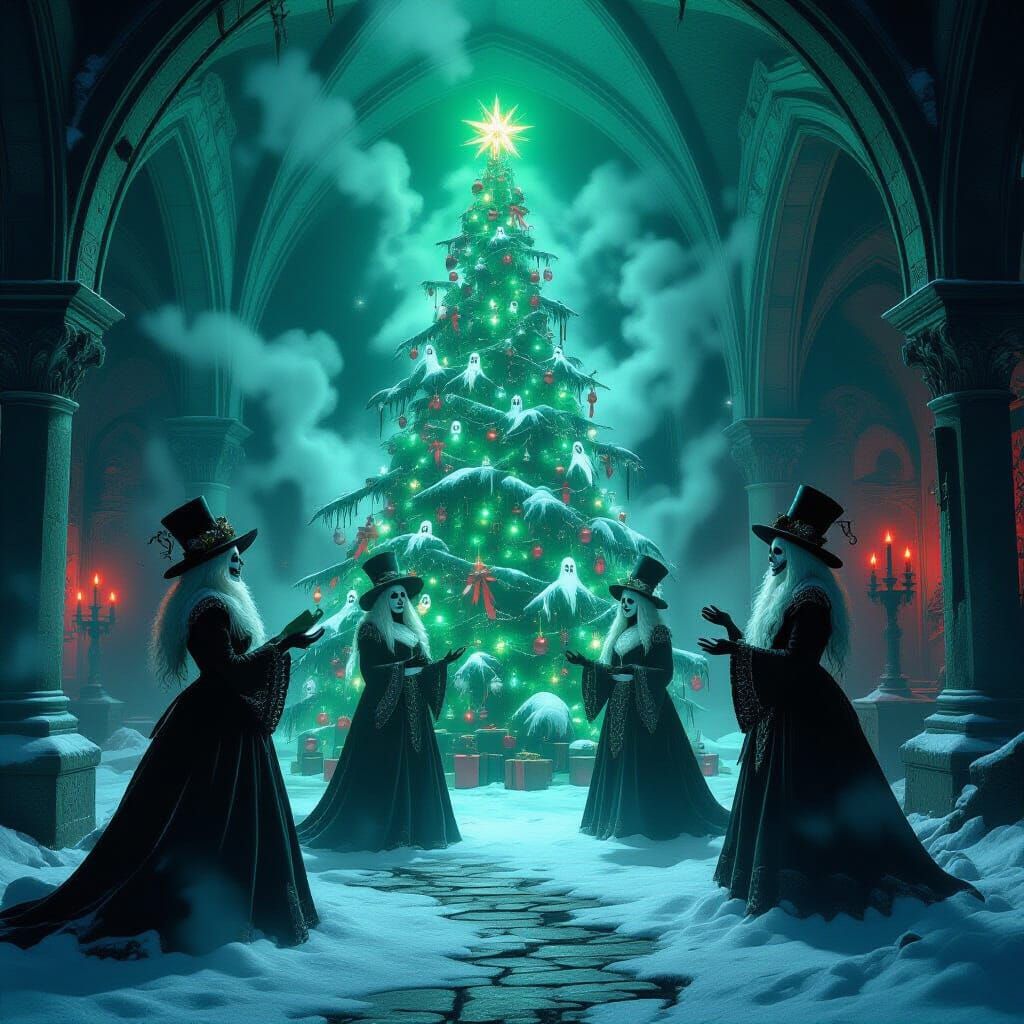 Christmas in the Crypt” — haunted holiday scene blending Christmas and Halloween. Undead carolers in Victorian attire, ghostly Christmas tre...