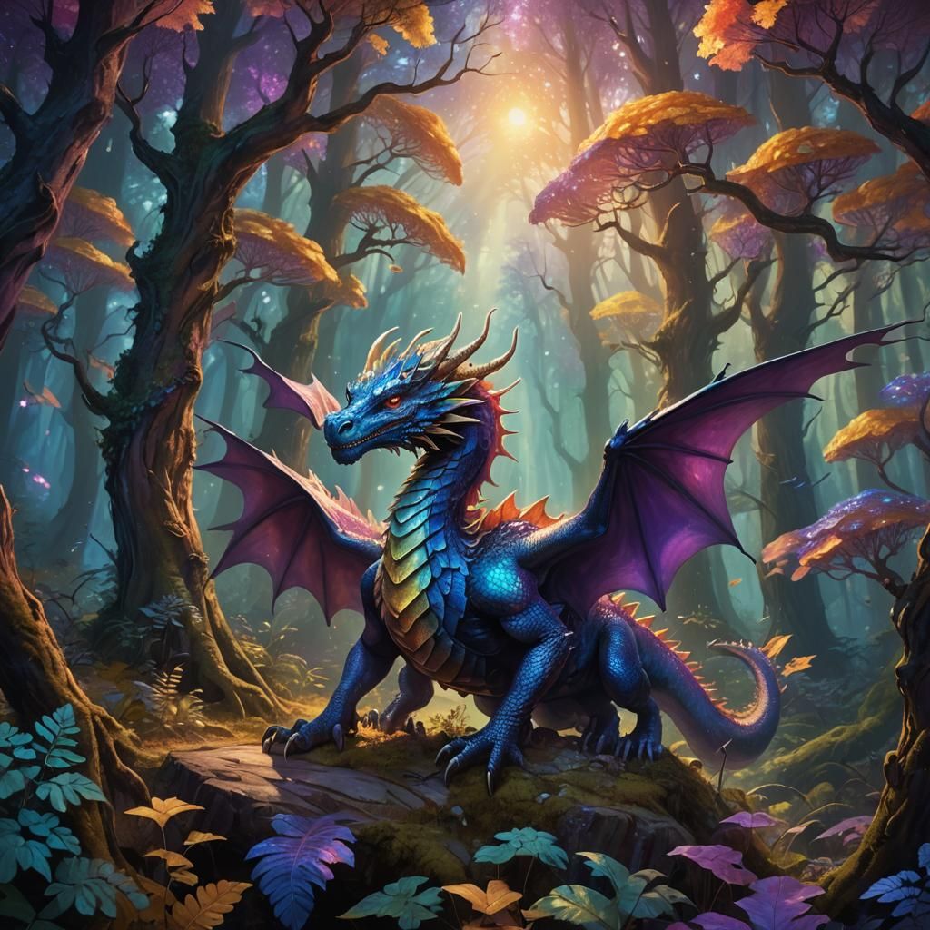 Dragon Soaring Through Mystical Forest in Art Nouveau Style