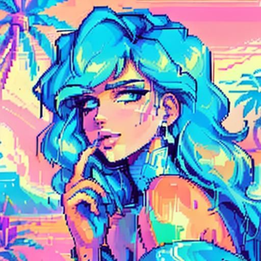 <lora:TidalWaves v1:1.0> Pixel art portrait of a woman with palm trees synthwave arcade retro neo-impressionism expressionist style oil pain...