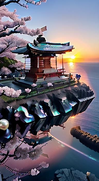 (Beautiful Japanese Obsidian Panel Sakura Temple Cliffside Scene Overlooking The Ocean During Sunrise Created With Carved Opalescent Abalone...